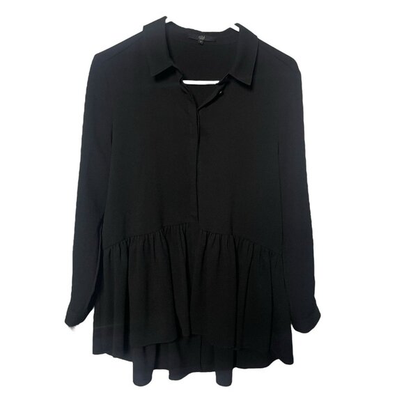 Tibi Peplum Blouse Women’s 2 Black Crepe long sleeve button up ruffle bottom - Picture 1 of 6
